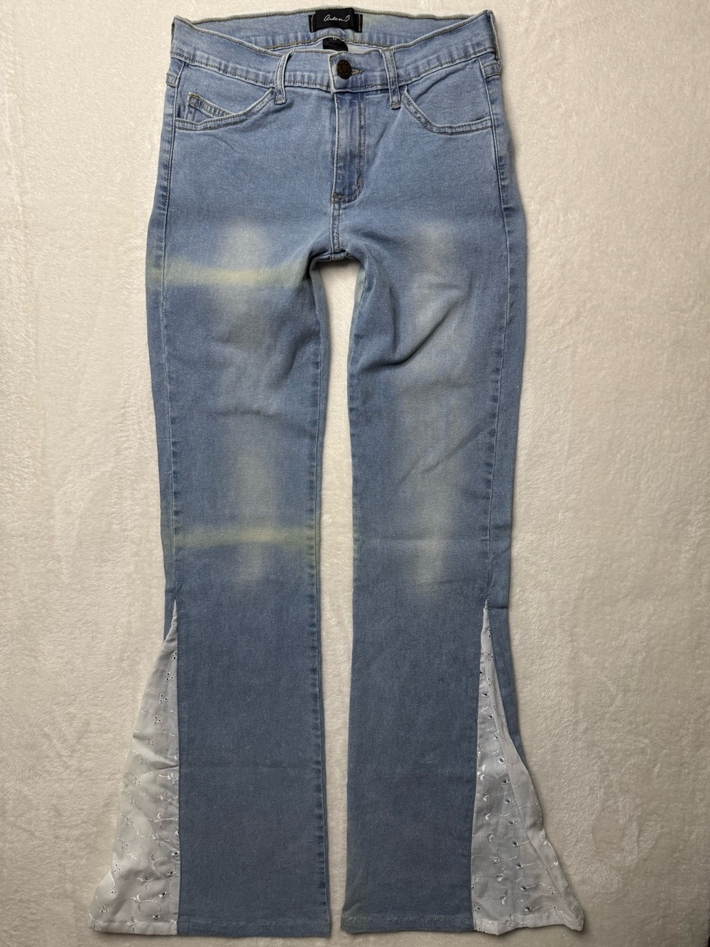 Arden B Vintage Y2k Boho Light Blue Flare Lace Insert Slits Jeans Acid Wash Sz S